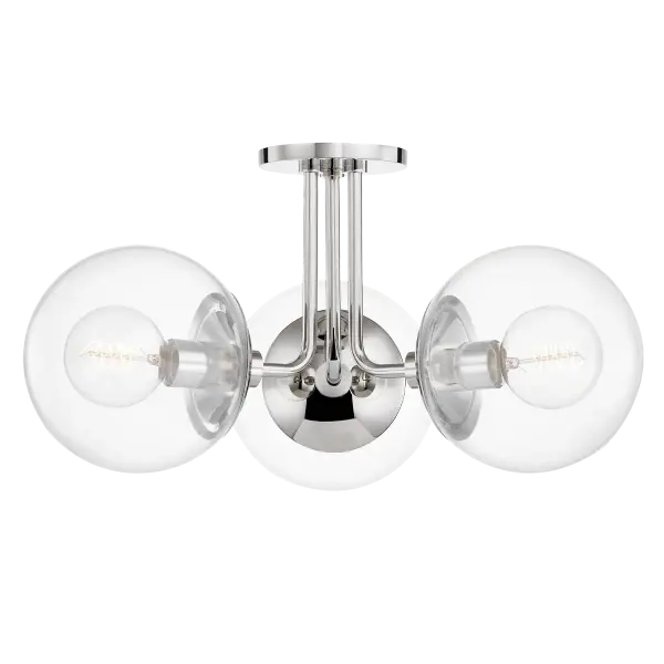 The Meadow Semi Flush combines organic design elements with refined metalwork in polished nickel. Its low-profile mounting makes it ideal for rooms with standard ceiling heights while providing ample illumination.
