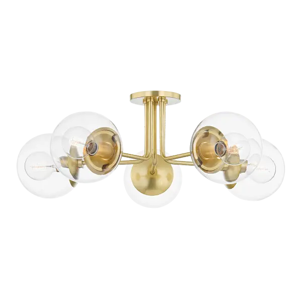 The Meadow Semi Flush brings organic elegance to low-ceiling spaces with its nature-inspired design and warm aged gold brass finish. Perfect for creating ambient lighting in bedrooms, hallways, and foyers.