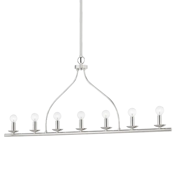 The Kendra Linear brings modern sophistication to dining and kitchen spaces with its streamlined silhouette and polished nickel finish. Perfect for rectangular tables and islands, offering versatile style.