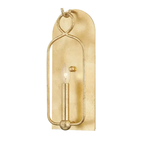 The Mallory Wall Sconce combines an open arched metal frame with a luxurious gold leaf finish, creating a statement piece that balances traditional elegance with contemporary design. Clear round bulbs on sleek candle holders add visual interest.
