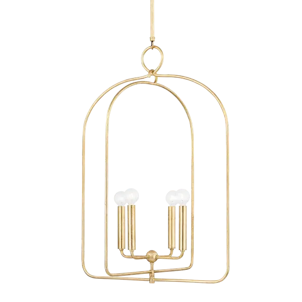 The Mallory Pendant combines an arched metal frame with exposed bulbs for a sophisticated look that bridges traditional and modern design. Its gold leaf finish and clean lines make it versatile across various interiors.