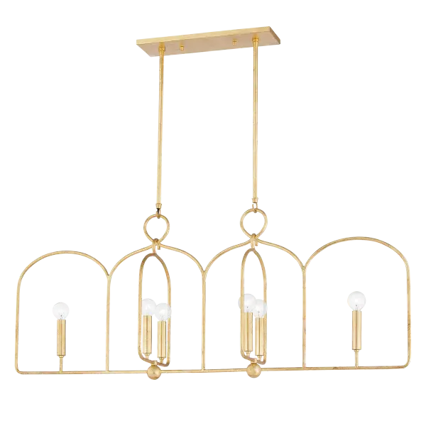 The Mallory Linear brings sophisticated style with its distinctive arched metal frame and gold leaf finish. Clear round bulbs on sleek candle holders create striking visual contrast, while the hanging loop adds graceful movement.