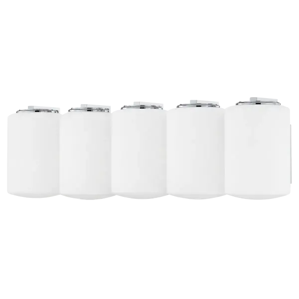 The Chantal vanity light creates a striking floating effect with oversized opal matte glass shades that nearly conceal the backplate. Polished chrome accents deliver clean contemporary styling while providing soft, even lighting ideal for bathroom tasks.