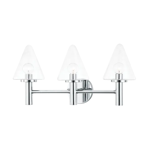 The Connie vanity light combines transitional styling with polished chrome finish, making it an excellent choice for bathroom updates. Its clean lines and glass shades provide bright, even illumination ideal for grooming tasks.