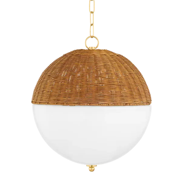 The Summer Pendant combines opal glass with hand-woven rattan for a fresh, organic aesthetic. Its sophisticated two-shade design adds natural texture and warmth to any space while maintaining a clean, modern silhouette.