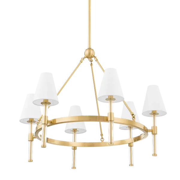 The Janelle Chandelier masterfully combines retro charm with contemporary materials. White linen shades suspended on transparent acrylic rods create visual lightness while aged brass accents add warmth and sophistication.