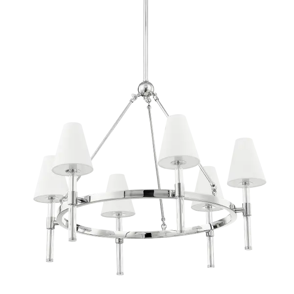 The Janelle Chandelier masterfully combines retro charm with contemporary materials. White linen shades suspended on transparent acrylic rods create visual lightness while showcasing the polished nickel framework within.