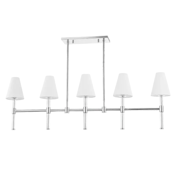 The Janelle Linear blends retro charm with contemporary materials, featuring white linen shades suspended on transparent acrylic rods that showcase polished nickel hardware. Perfect for adding sophisticated style to dining rooms and kitchen islands.