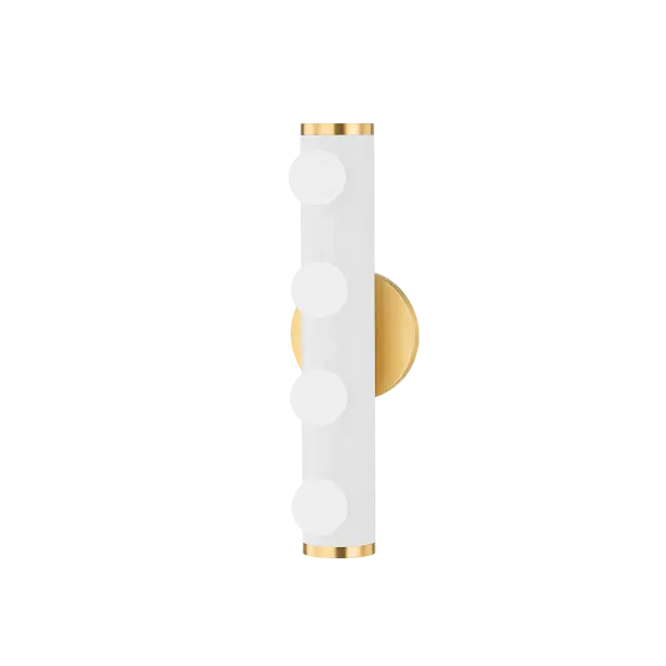 The Penny vanity light reimagines classic Hollywood-style lighting with contemporary flair. Multiple opal matte globes provide bright, even illumination while aged brass accents add warmth and sophistication to any bathroom.