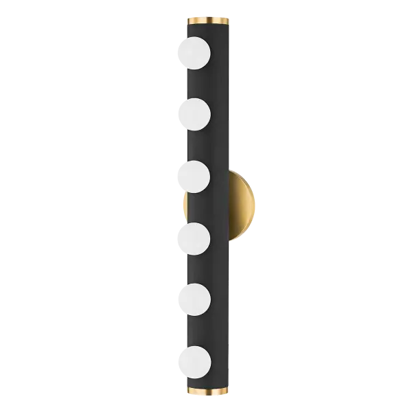 Penny brings classic Hollywood-style lighting into the modern era with its row of opal matte globes and aged brass accents. The textured black cylinder base adds contemporary edge while providing bright, even illumination perfect for grooming tasks.