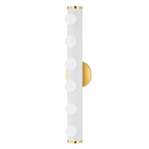 The Penny vanity light reimagines classic Hollywood-style lighting with contemporary flair. Multiple opal matte globes provide bright, even illumination while aged brass accents add warmth and sophistication to any bathroom.