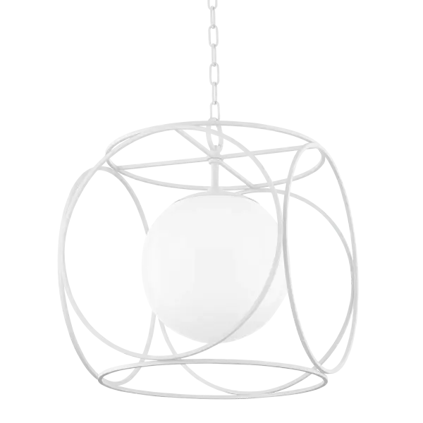 The Claire Pendant features an opal glass globe encircled by six interconnected metal circles, creating a dynamic cage effect. This statement piece offers visual interest from every angle, perfect for multiples over islands or hallways.