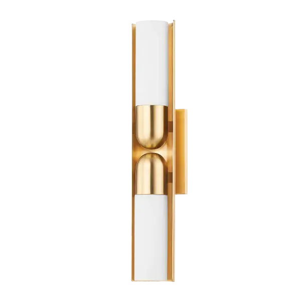 Paolo combines geometric sophistication with practical lighting, featuring opal glass cylinders capped in aged brass and wrapped in a curved metal shade. The contrasting textures create beautiful light reflection while casting illumination both up and down.