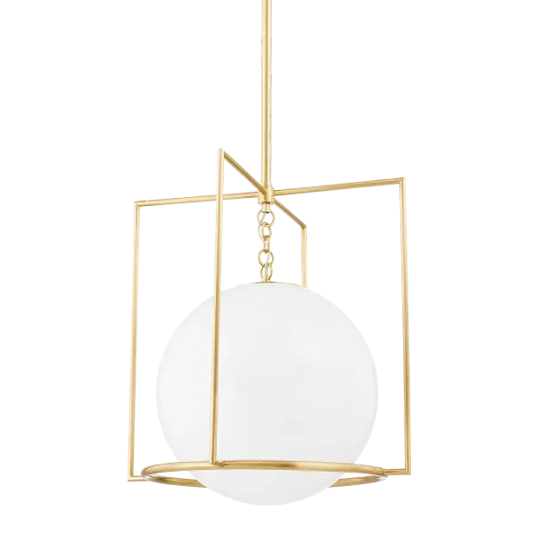 The Frankie Pendant masterfully combines geometric precision with organic form. An opal globe appears to float within a square brass cage, creating visual intrigue through contrasts of shape, texture, and light.