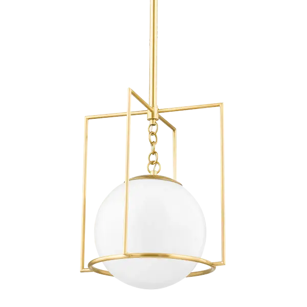 The Frankie Pendant masterfully combines geometric precision with organic form. An opal globe appears to float within a square brass cage, creating visual intrigue through contrasts of shape, texture, and light.