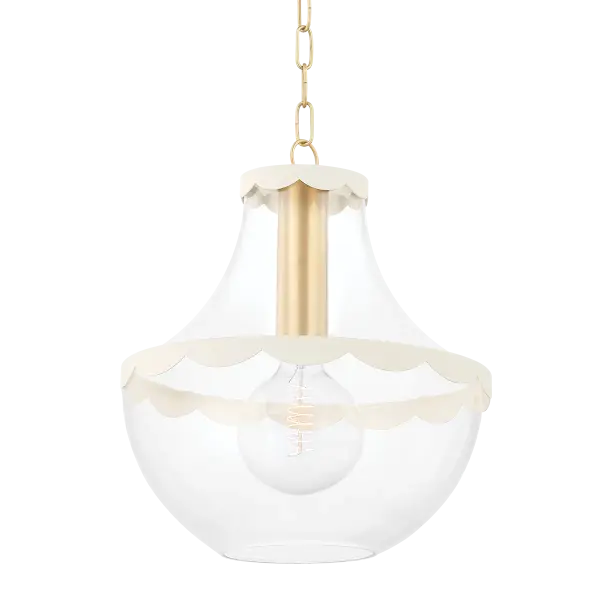 The Alaina Large Pendant combines timeless elegance with soft, feminine details. Its bell-shaped silhouette features delicate cream scalloped trim that adds visual interest, while aged brass accents provide warmth and subtle sophistication.