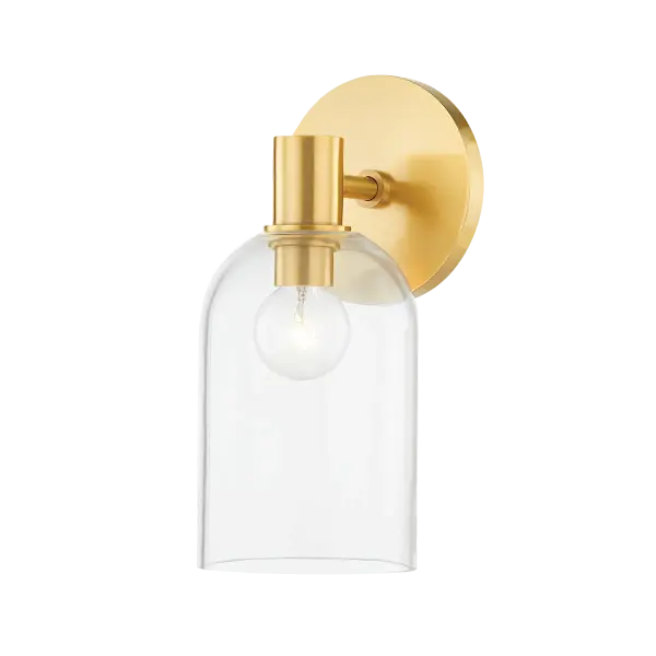 The Paisley vanity light features a distinctive clear glass cloche shade inspired by antique bottles, creating a clean, sophisticated look. Perfect for bathrooms and hallways with its crisp metal detailing.