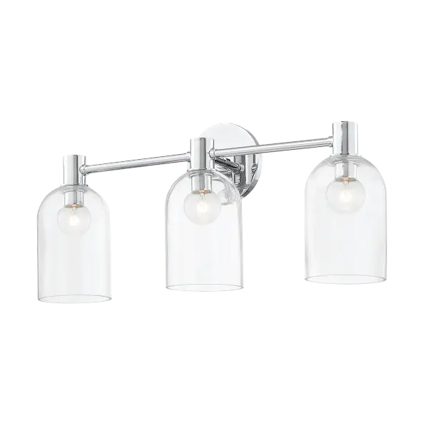 The Paisley vanity light combines antique bottle-inspired glass with clean modern lines. Its clear cloche shade beautifully showcases the bulb while the polished chrome finish adds contemporary sophistication to any bathroom or hallway.