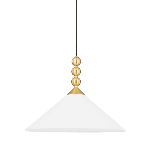 The Sang Pendant combines ornamental spheres with clean geometric lines for a bold, jewelry-inspired statement. The aged brass finish and white linen shade create a sophisticated look perfect for intimate spaces.