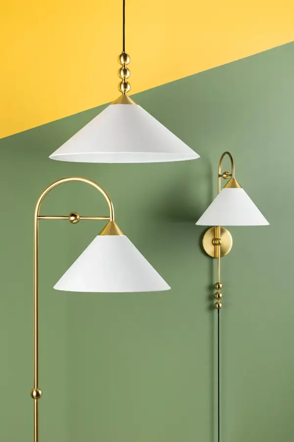 The Sang Pendant combines ornamental spheres with clean geometric lines for a bold, jewelry-inspired statement. The aged brass finish and white linen shade create a sophisticated look perfect for intimate spaces. - alternate view