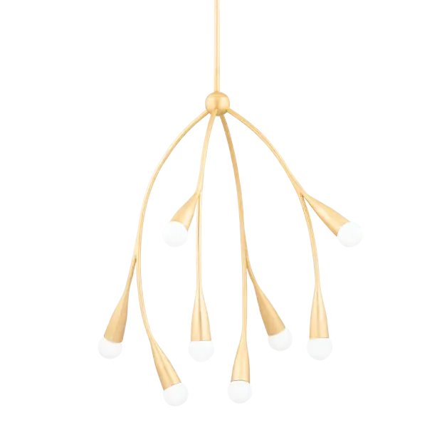The Elsa Chandelier brings organic beauty indoors with its cherry blossom-inspired design. Slender branching arms adorned with matte white globe shades create a soothing, sculptural statement in Gold Leaf finish.