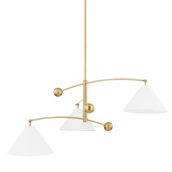 The Birdie Chandelier brings artistic asymmetry and functional flexibility to any space. Its pivoting arm and counterbalanced design allow you to direct light precisely where needed, while the white linen shade softens the glow.