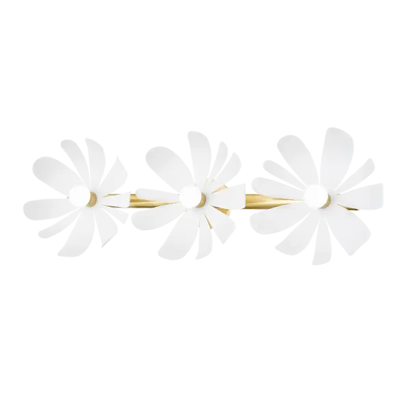 Twiggy brings botanical beauty to bathroom lighting with textured white petals radiating from an opal matte center. The aged brass accents provide subtle warmth while maintaining the fixture's organic aesthetic.