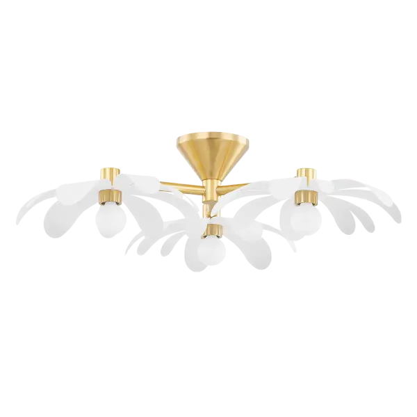 Twiggy brings nature-inspired elegance to any space with its distinctive petal design and aged brass accents. The textured white petals radiating from an opal center create visual interest while maintaining a soft, organic aesthetic.