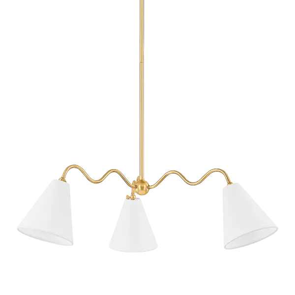 The Onda Chandelier brings artistic flair with its freehand doodle-inspired arms and pivoting white linen shades. Part of the Tali Roth x Mitzi collaboration, it offers adjustable lighting direction and warm ambient glow.