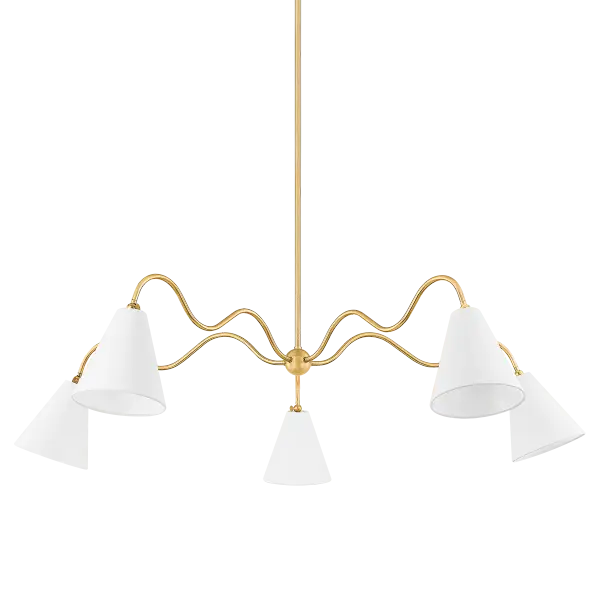 The Onda Chandelier brings artistic whimsy to modern spaces with its freehand doodle-inspired arms and pivoting white linen shades. Part of the Tali Roth x Mitzi collaboration, this 5-light fixture offers adjustable light direction and warm ambient glow, perfect for contemporary dining rooms and kitchen islands seeking personality with sophistication.