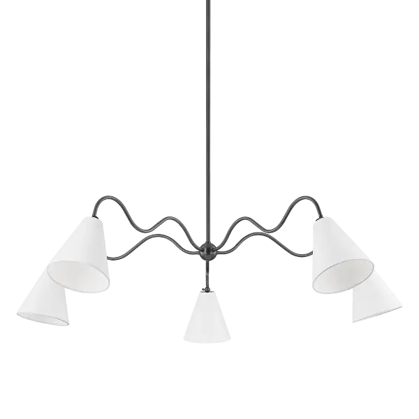 The Onda Chandelier brings artistic whimsy to modern spaces with its freehand doodle-inspired arms and pivoting white linen shades. Part of the Tali Roth collaboration, it offers both visual interest and functional flexibility.