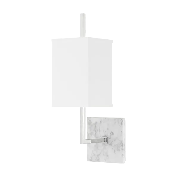 The Mikaela Wall Sconce combines natural white marble with polished nickel in a striking geometric design. The squared-off arm creates visual interest while the white linen shade provides soft, ambient lighting.