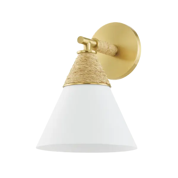 The Mica Wall Sconce beautifully balances coastal charm with quiet luxury through its wrapped raffia detail and sleek silhouette. Perfect for powder rooms and kitchens, it delivers a gentle wash of ambient light while adding organic warmth.