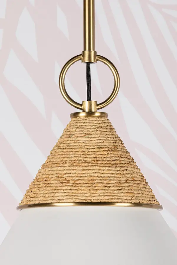 The Mica Pendant beautifully balances coastal charm with quiet luxury through its wrapped raffia detail and aged gold brass finish. Perfect for adding approachable sophistication to kitchens and powder rooms. - alternate view