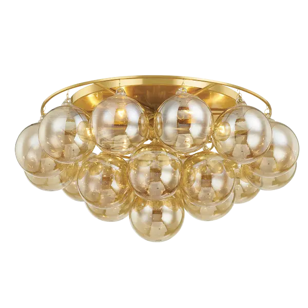 The Mimi Flush Mount features stunning swirl-ribbed champagne glass globes suspended from an Aged Brass frame, creating a sophisticated cloud-like effect. Part of the Megan Molten x Mitzi Tastemakers collection, this fixture adds soft glamour to entryways, bedrooms, and breakfast nooks with its elegant design and warm metallic finish.