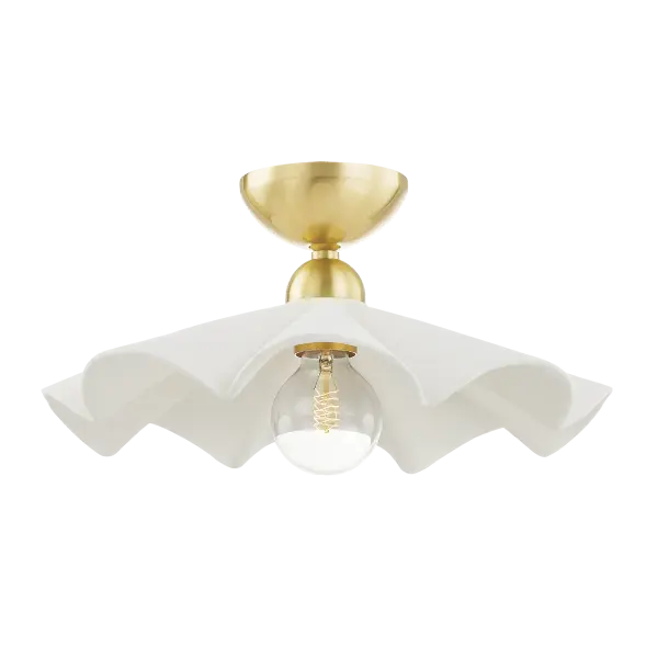 The Maisie Pendant brings organic coastal charm with its textured white ceramic ruffles and aged gold brass accents. Its unique convertible design allows it to function as both a pendant and semi-flush mount, making it perfect for bathrooms, bedrooms, and powder rooms.