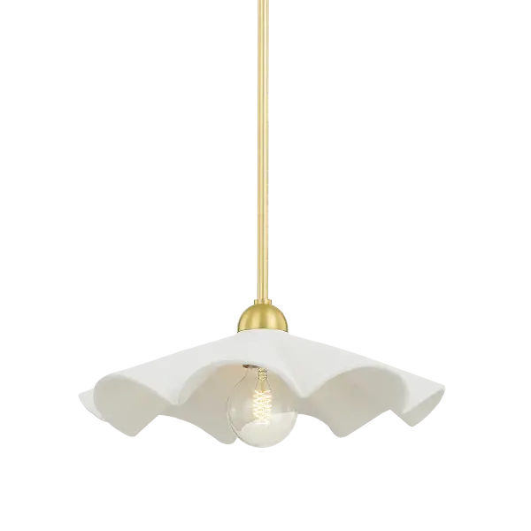 The Maisie Pendant brings organic coastal charm with its textured white ceramic ruffles and aged gold brass accents. Its unique convertible design allows it to function as both a pendant and semi-flush mount, making it perfect for bathrooms, bedrooms, and powder rooms. - alternate view