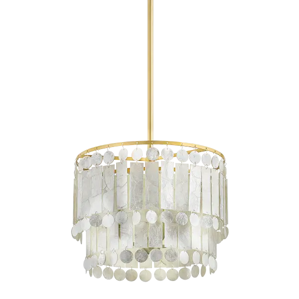 The Melisa Pendant brings coastal sophistication to any space with gorgeous layers of Capiz shell in alternating circles and rectangles. The Aged Brass frame adds warmth while the natural shell creates beautiful light diffusion and organic texture.