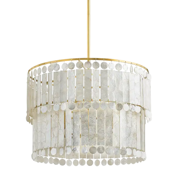 The Melisa Chandelier brings refined coastal style with gorgeous alternating circles and rectangles of Capiz shell suspended from an Aged Brass frame. Perfect for creating a sophisticated focal point in bedrooms and living spaces.
