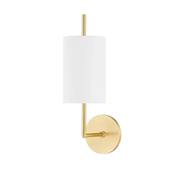 Everything about Molly is smooth and rounded—from the shade to the arm to the backplate. The cylindrical metal arm pokes through the white linen shade creating the illusion that it pierces the shade itself. This streamlined, minimalist design looks great alone, in pairs alongside a window, mirror or fireplace, or in multiples down a hallway. Collection: Molly Designer: Mitzi Finish: Aged Brass Glass: White Linen Width: 5.25" Height: 16.75" Length: 21.75" Weight: 2.00 lb Extension from Wall: 7.75" Wire: 7`` Canopy: 4.75"x4.75" Number of Bulbs: 1 Maximum Wattage: 60.00 W Bulb Type: B11 Bulb Base: E12 Candelabra Voltage: 120.00 V Material: Steel Country of Origin: PH Safety Listing: UL/cUL Safety Rating: Damp Manufacturer Warranty: 1 Year Limited Manufacturer Spec Sheet Instructions