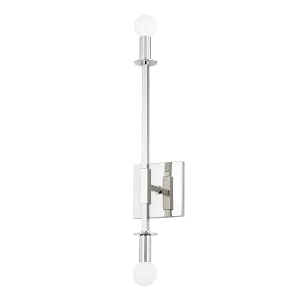 The Milana Wall Sconce makes a striking statement with its geometric design, featuring a square backplate and center arm that contrast beautifully with rounded sockets. The polished nickel finish adds contemporary elegance.