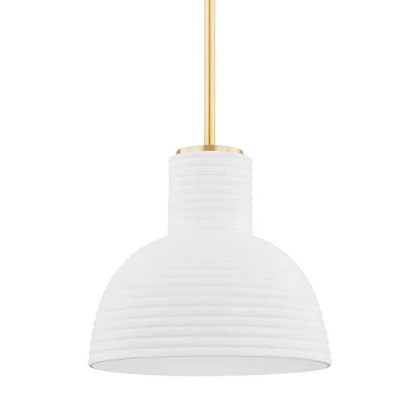 The Paloma Pendant brings artisanal pottery-inspired design to modern spaces. Its ceramic white-wash shade and aged brass accents create a warm, sophisticated focal point perfect for intimate dining areas and kitchen islands.
