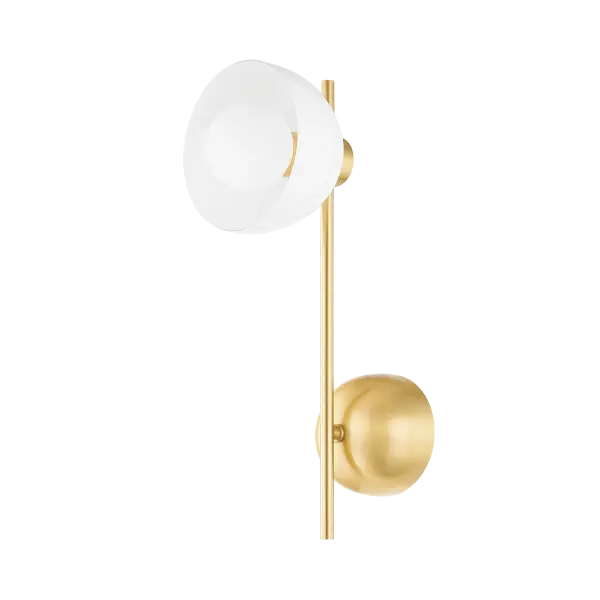 The Belle Wall Sconce delivers contemporary sophistication with its aged brass frame and glossy white shades. Exposed bulbs create a futuristic aesthetic while the contrasting finishes add visual interest to any space. - alternate view