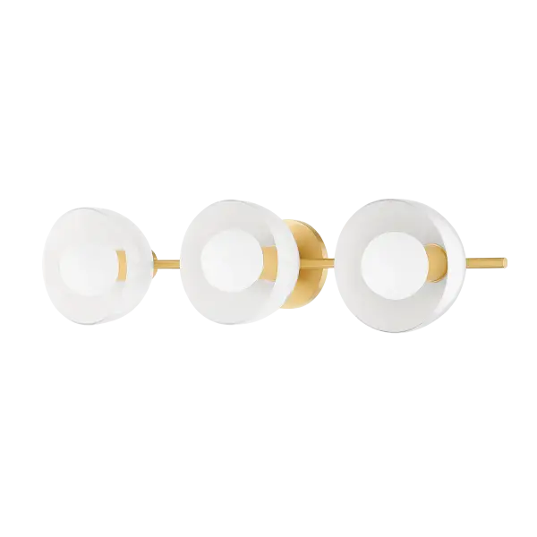 The Belle Bath and Vanity fixture combines aged brass warmth with crisp white glass globes for a sophisticated contemporary look. Its exposed bulb design adds visual interest while providing excellent task lighting for grooming areas.