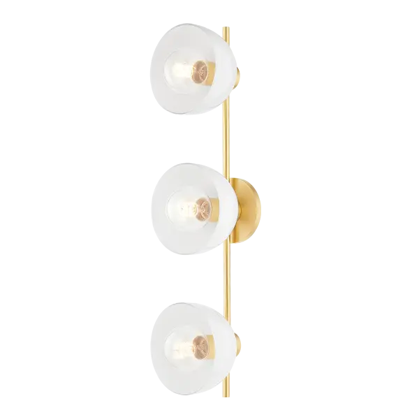 The Belle Bath and Vanity fixture combines aged brass warmth with crisp white glass globes for a sophisticated contemporary look. Its exposed bulb design adds visual interest while providing excellent task lighting for grooming areas. - alternate view