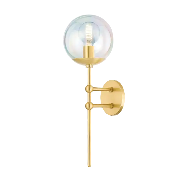 The Ophelia Wall Sconce combines aged brass with iridescent glass globes for an otherworldly aesthetic. Its contemporary design adds softness and visual interest to any space, making it perfect for modern interiors.