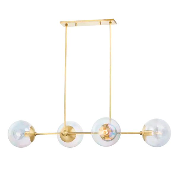 The Ophelia Island Light combines aged brass with iridescent glass globes for an otherworldly aesthetic. Its linear design brings softness and contemporary style to kitchen islands and dining spaces.