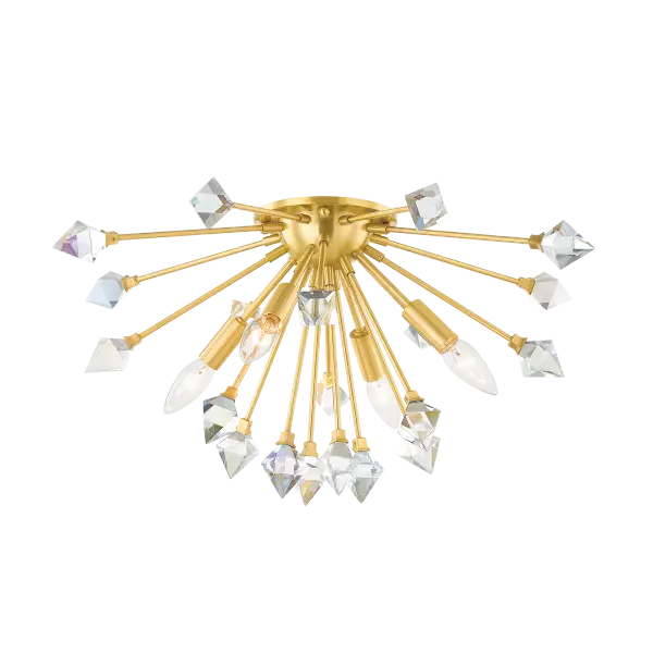 The Genesis Flush Mount reimagines the iconic mid-century sputnik design with iridescent crystals that create mesmerizing light prisms. Finished in aged brass, this statement piece brings celestial glamour to any space.