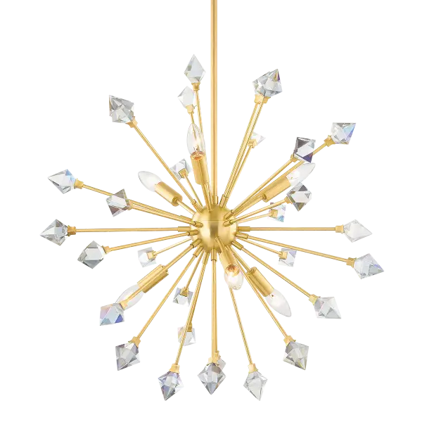 The Genesis Chandelier reimagines the classic sputnik design with iridescent crystals that create stunning light prisms. Its aged brass finish and starburst silhouette make it a statement piece for modern and transitional spaces.
