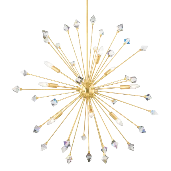 The Genesis Chandelier reimagines the classic sputnik design with iridescent crystals that create stunning light prisms throughout your space. Its aged brass finish adds warmth while the starburst silhouette makes a bold statement.